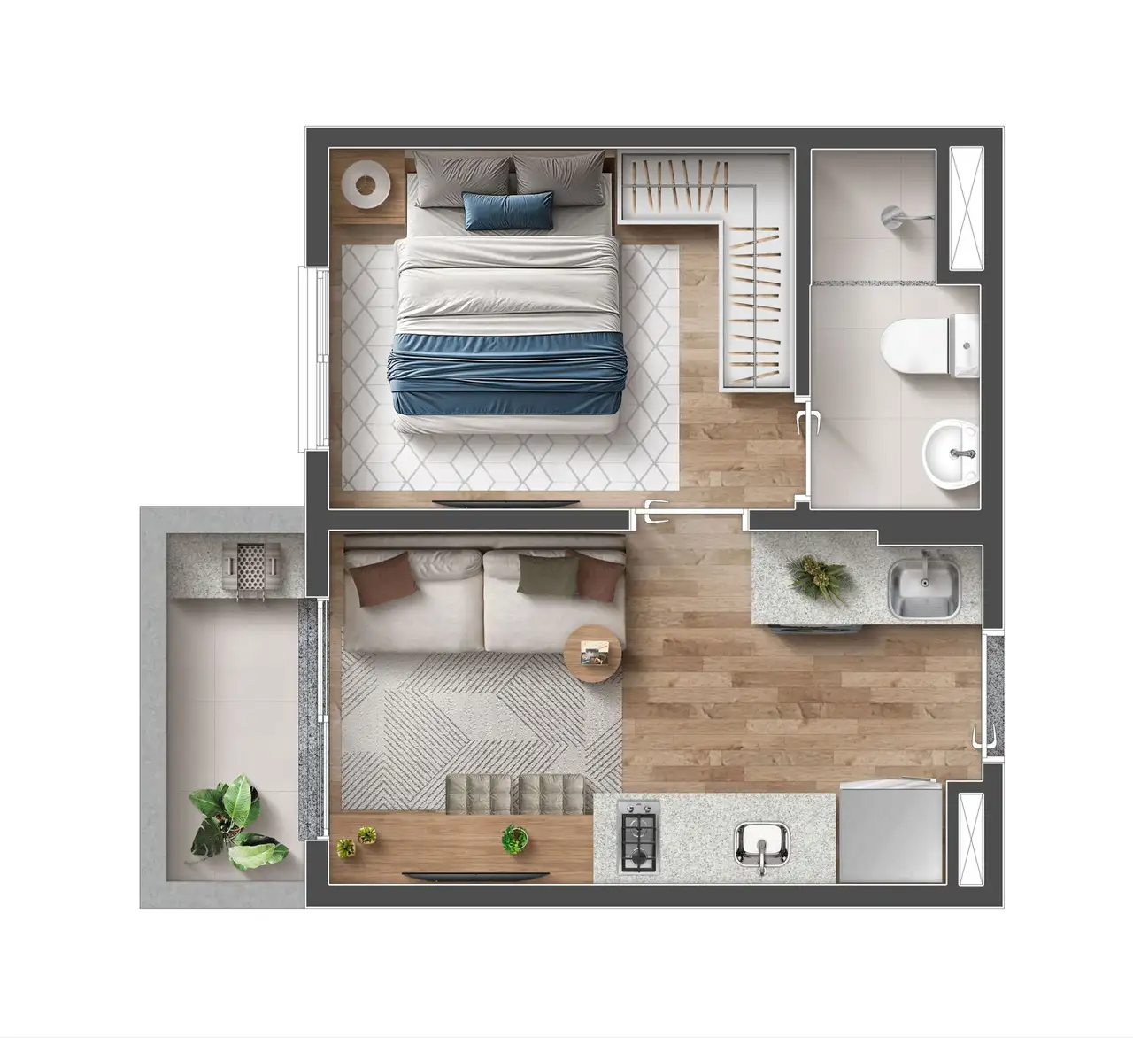 Planta de apartamento de 1 dormitório com varanda