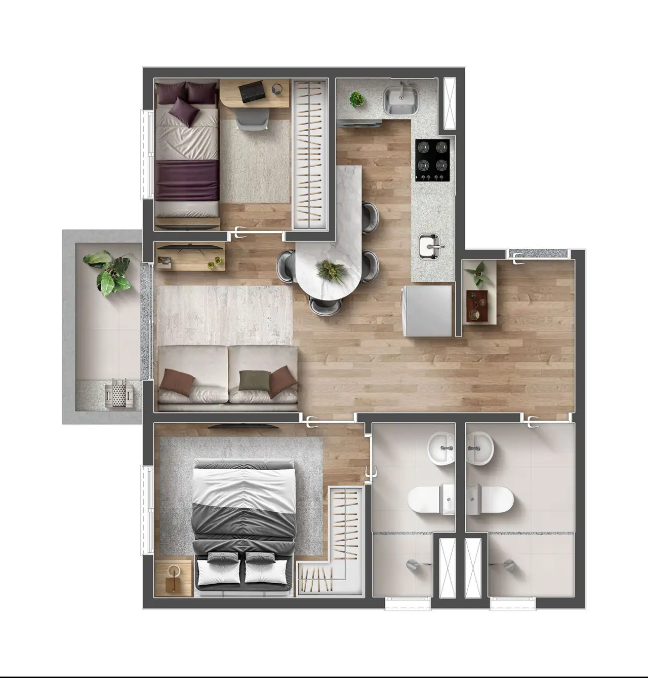 Planta de apartamento de 2 dormitórios com duas suítes e varanda