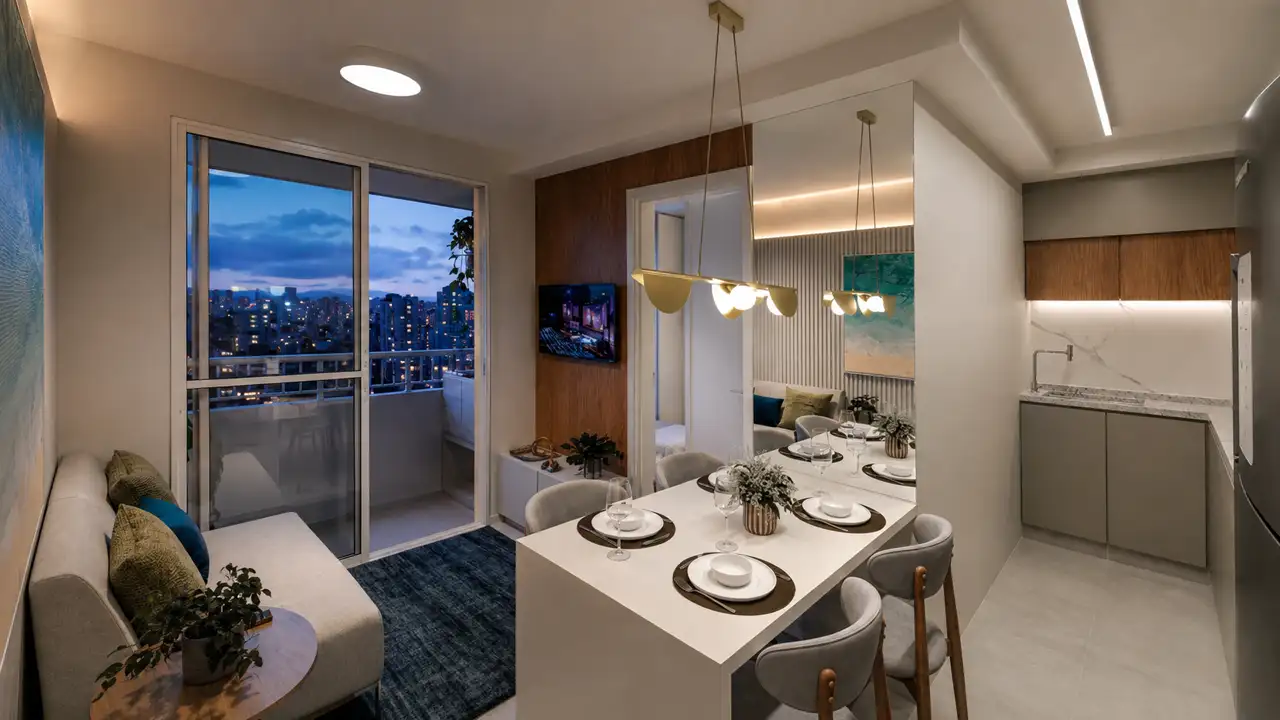 Sala de estar e cozinha integradas de apartamento decorado em São Paulo